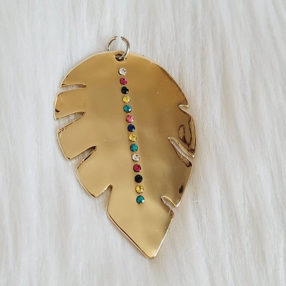 RHinestone Leaf Pendant Multicolor Statement Shiny Gold Tone Metal 13155 - Picture 2 of 8